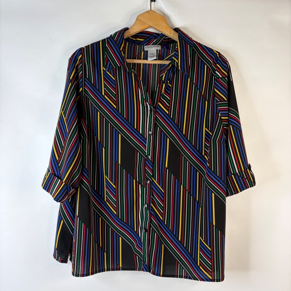 Catherines Blouse Womens 0XWP Black Multi Stripe 3/4 Sleeve Button Front Top